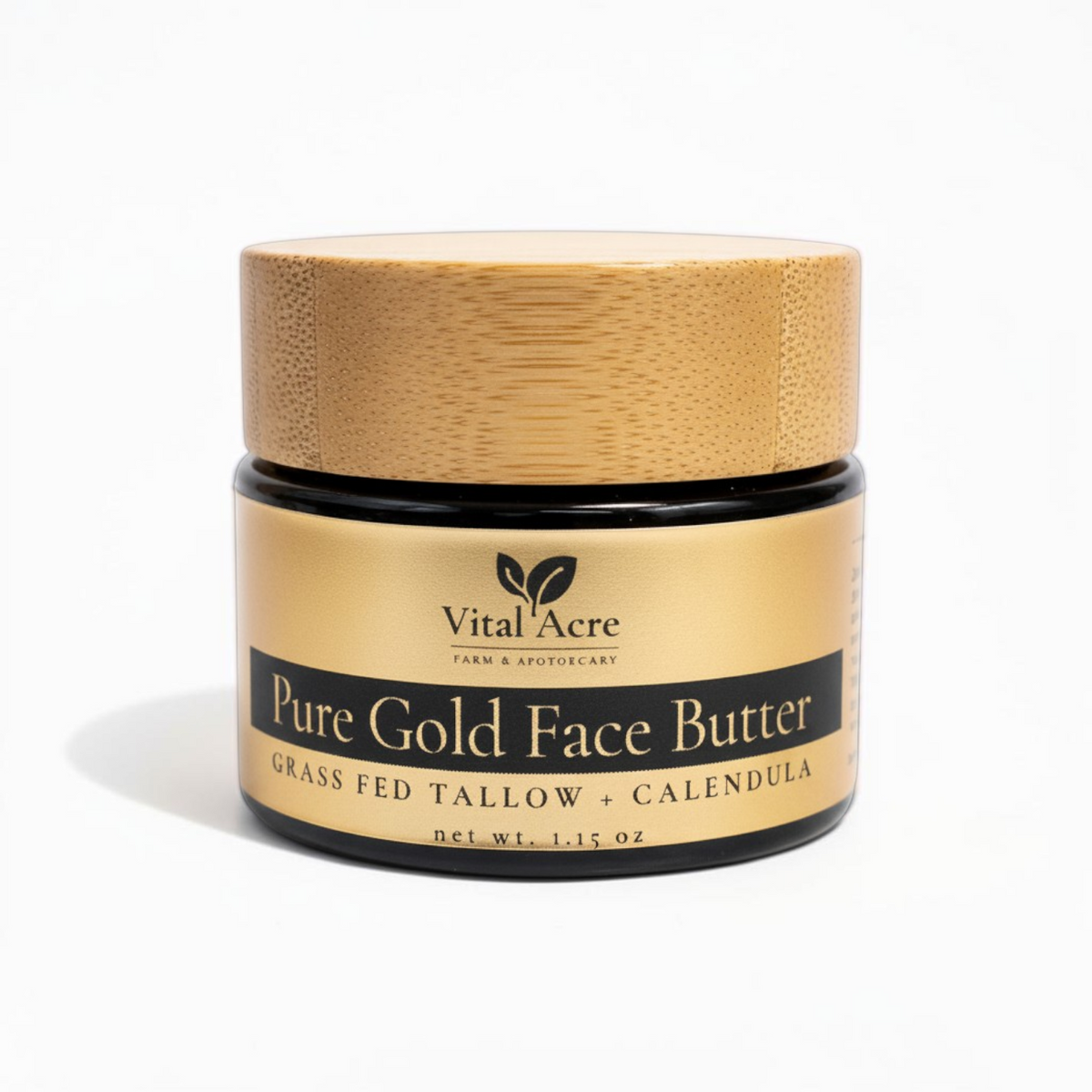 Vital Acre Farm & Apothecary Pure Gold Tallow Face Butter in a glass jar with a bamboo lid for dry, sensitive skin.