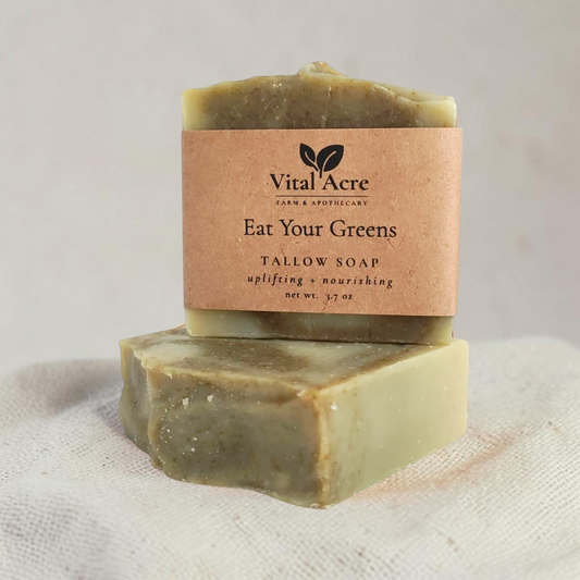 Vital Acre Farm & Apothecary Eat Your Greens avocado tallow soap bar with a natural green hue and paper label