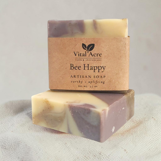 Vital Acre Farm & Apothecary Bee Happy artisan soap bar with creamy and purple swirls in eco-friendly paper packaging