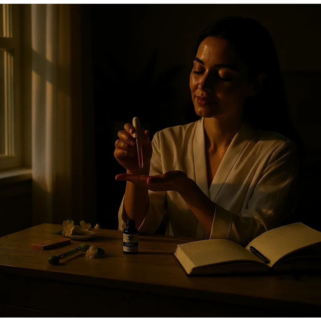 Woman in a robe holding a dropper with a bottle and book on a table in a dimly lit room.