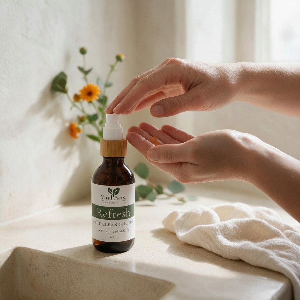 Vital Acre Farm & Apothecary Refresh face cleansing oil in an amber glass bottle being dispensed into hands