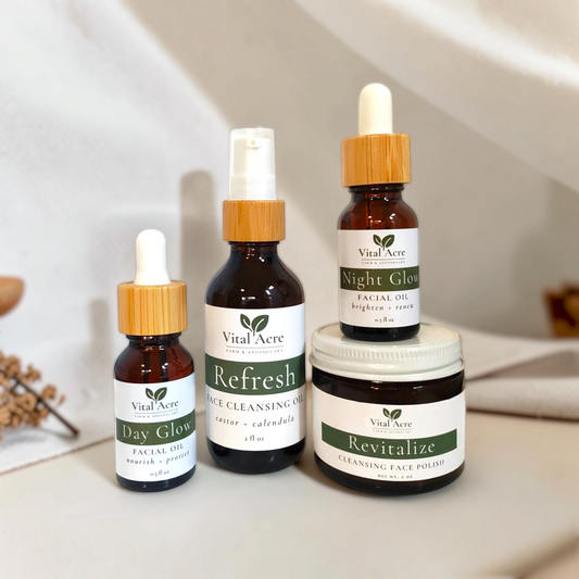 Vital Acre Farm & Apothecary skincare set featuring cleansing oil, face polish, and day and night glow facial serums.