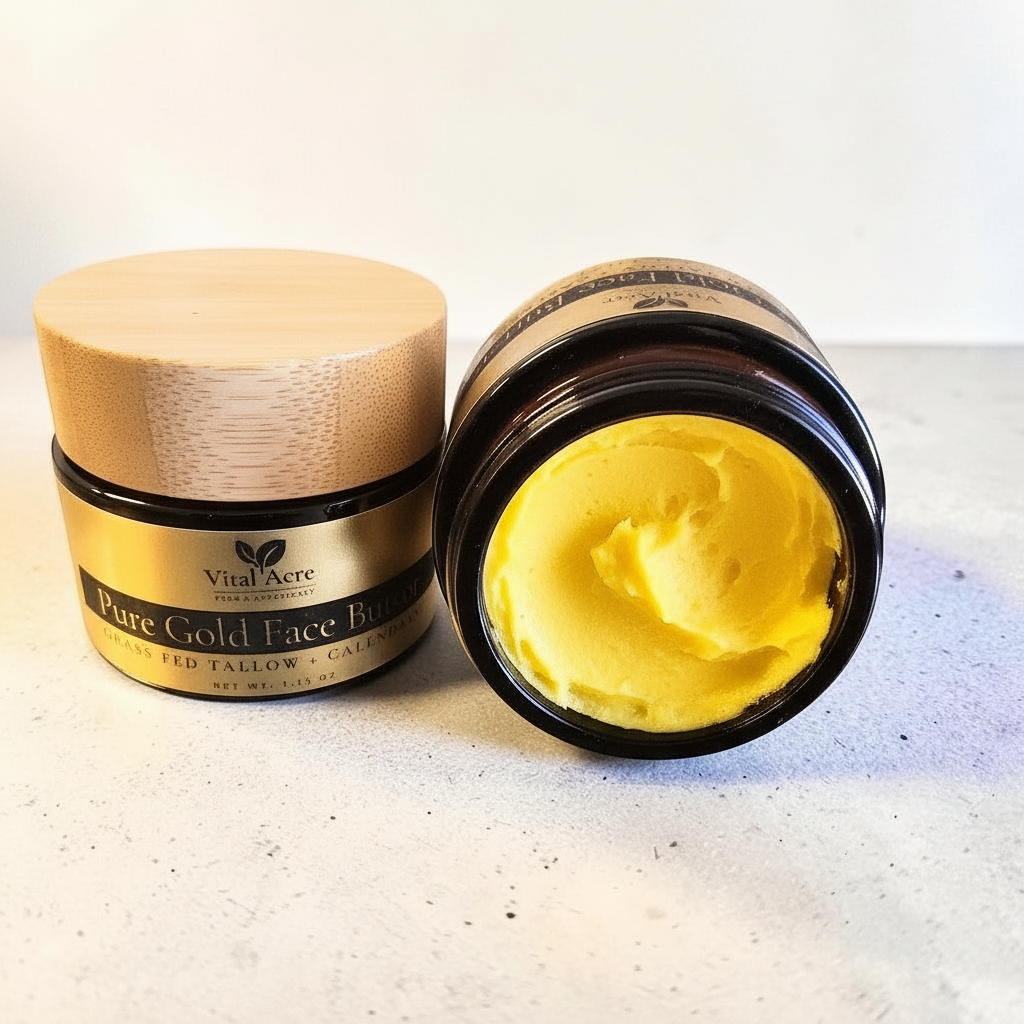 Two jars of Vital Acre Pure Gold Face Butter on a light speckled surface. One jar is closed with a light wood lid and gold label, and the other is open to show the bright yellow cream inside.
