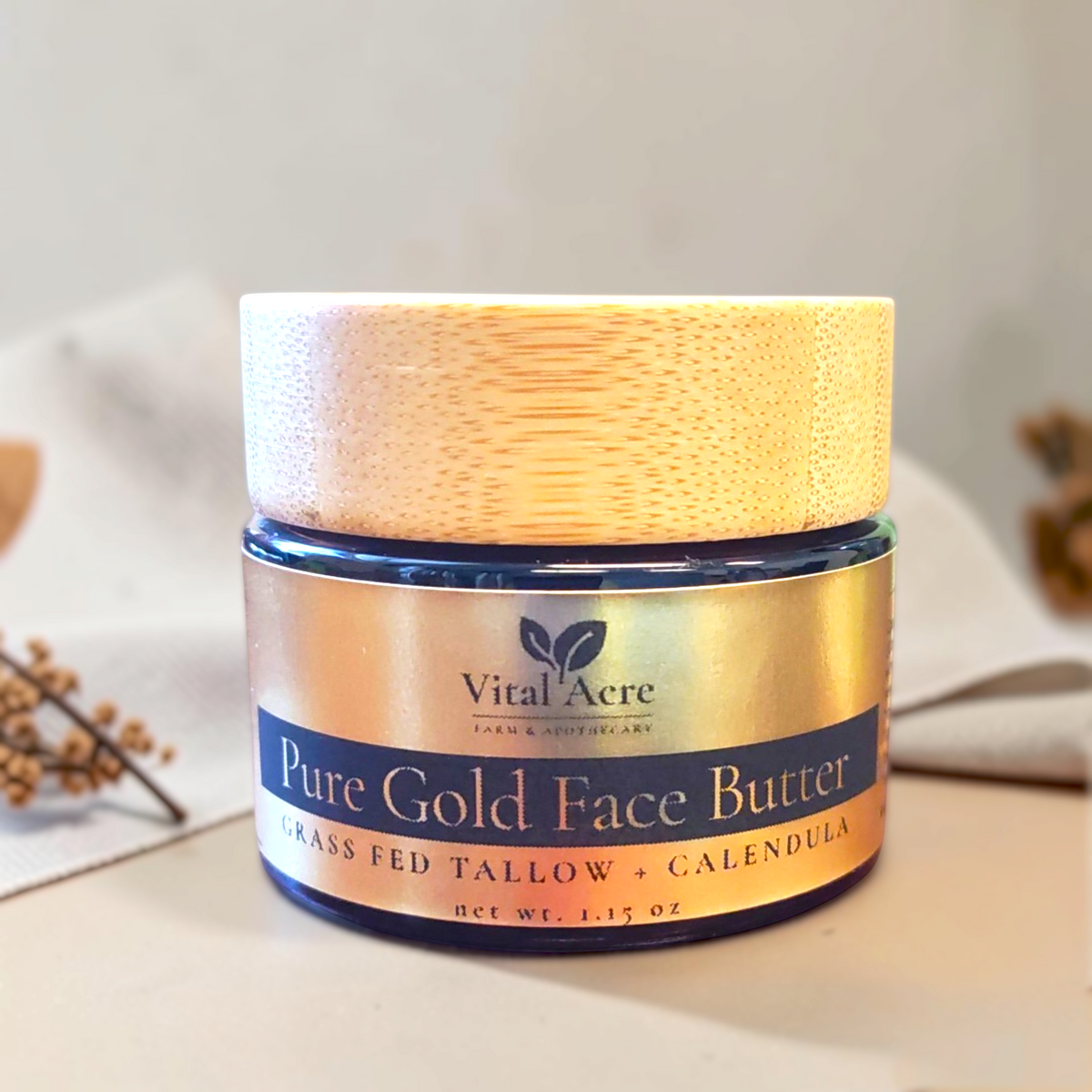 Vital Acre Farm & Apothecary Pure Gold Tallow Face Butter in a glass jar with a wooden lid for dry sensitive skin