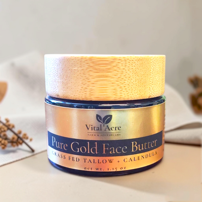 Vital Acre Farm & Apothecary Pure Gold Tallow Face Butter in a glass jar with a wooden lid for dry sensitive skin