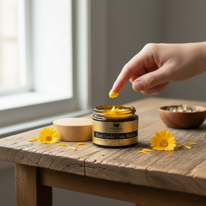 A hand applies yellow face balm from a small amber jar labeled 'VitalAge Pure Gold Face Balm' on a rustic wooden table with yellow flowers scattered around.