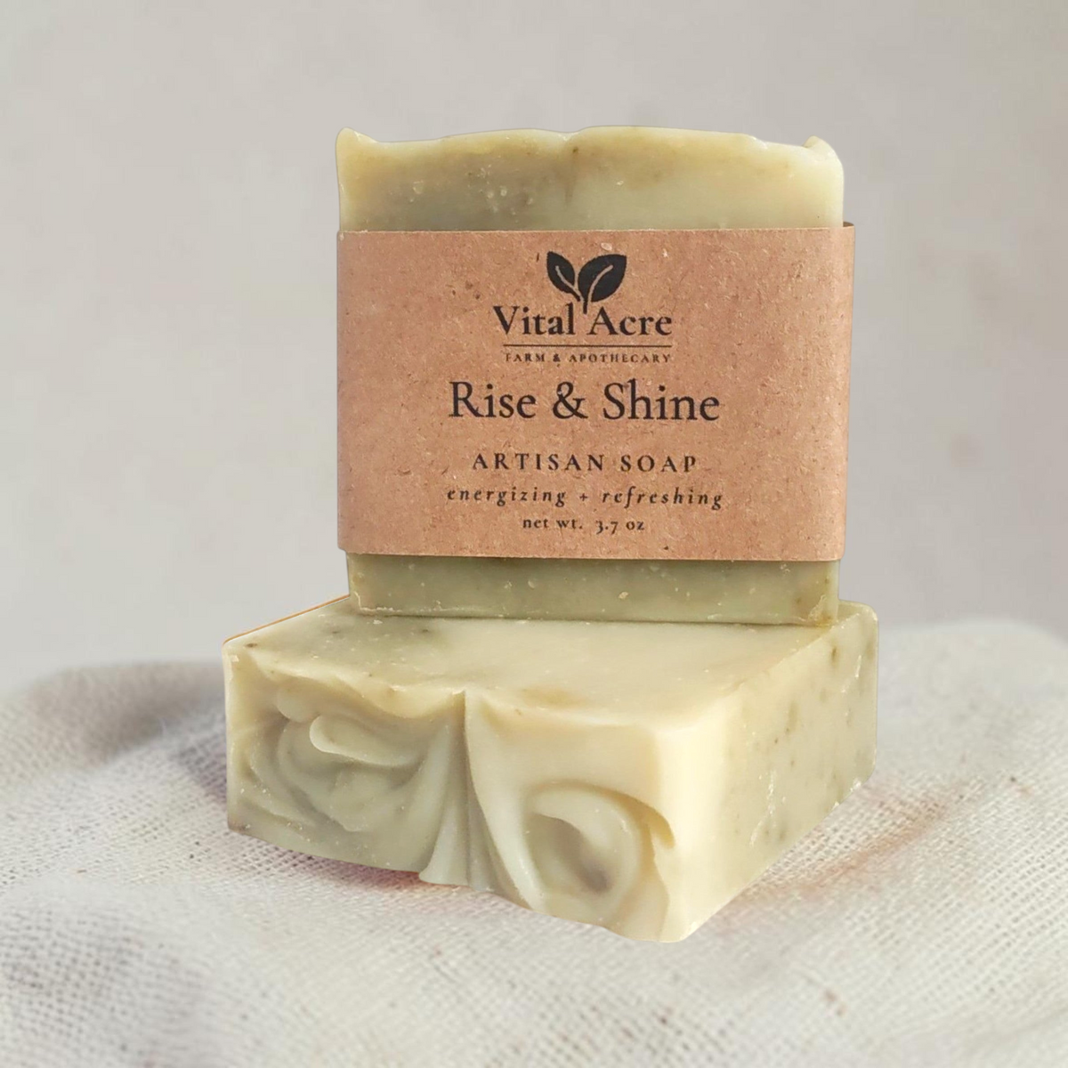 Vital Acre Farm & Apothecary Rise & Shine eucalyptus and mint artisan soap bar with rustic paper label