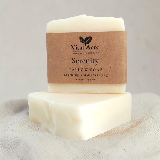 Vital Acre Farm & Apothecary Serenity tallow soap bar with a kraft paper label on a clean white background.