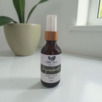 Bottle of Vital Aloe Rejuvenate body oil on a white surface with a plant in the background