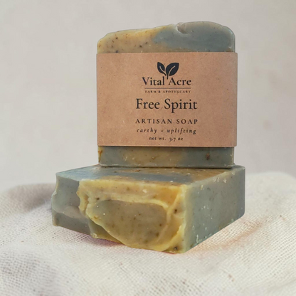 Vital Acre Farm & Apothecary Free Spirit artisan soap bar with earthy patchouli and lemongrass botanical ingredients