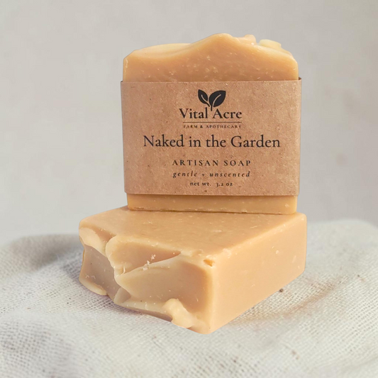 Vital Acre Farm & Apothecary Naked in the Garden unscented handmade soap bar with honey and okra for sensitive skin.