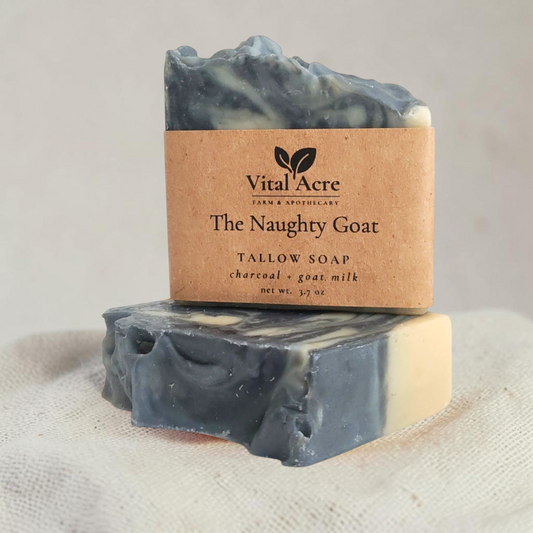Vital Acre Farm & Apothecary The Naughty Goat unscented tallow soap bar with activated charcoal and goat milk.
