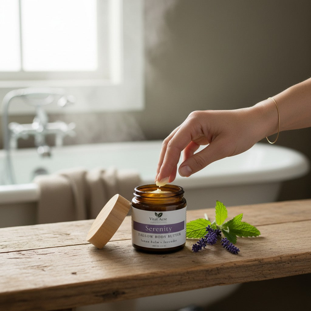 Vital Acre Farm & Apothecary Serenity tallow body butter with lavender and lemon balm in a glass jar on a wooden bench