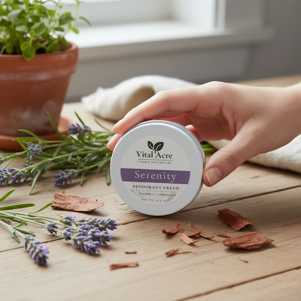 Vital Acre Farm & Apothecary Serenity tallow deodorant cream in a metal tin held by a hand on a wooden table.